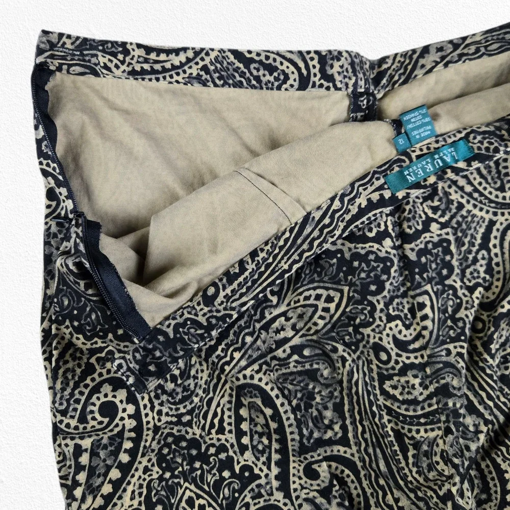 Y2K Lauren Ralph Lauren Black Beige Paisley Pants Size 12 Y2K Boho Trousers